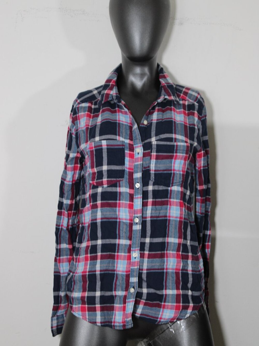 BP. Nordstrom Navy Red Plaid Button Down Shirt Pocket Blouse S